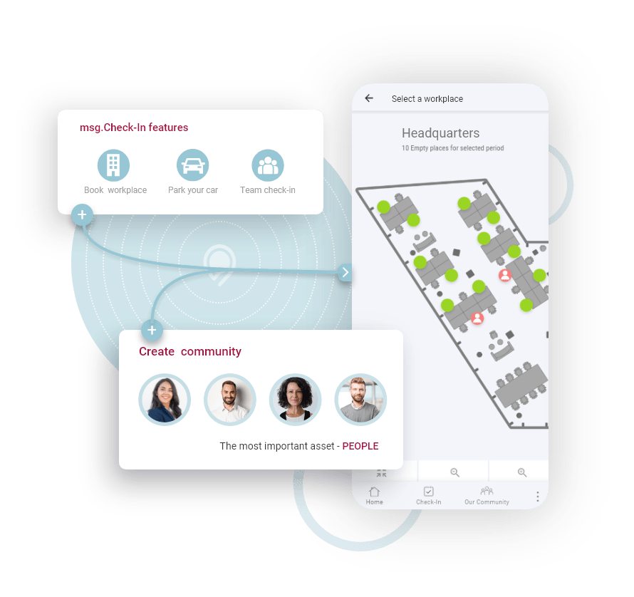 Team arbeitet zusammen in modernem Büroarbeitsplatz mit msg.Check-In Schreibtischbuchungssoftware